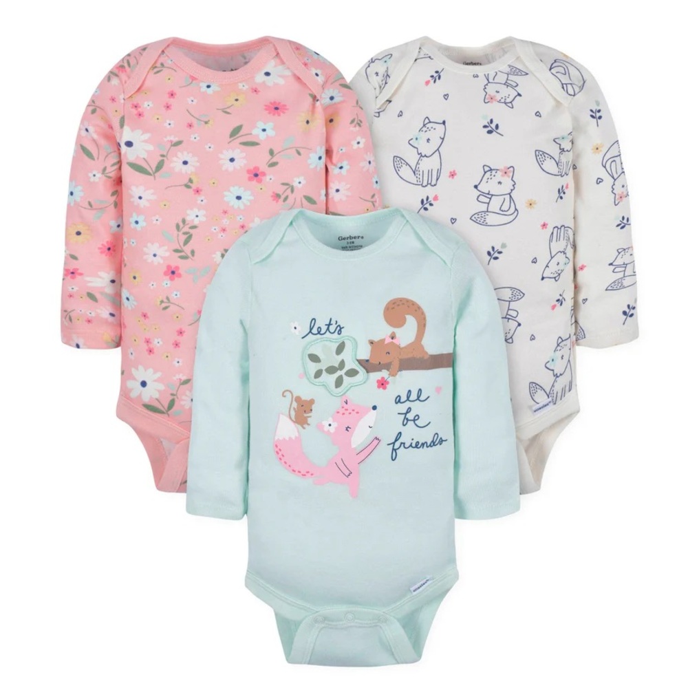 NWT Gerber Baby Girls' Long Sleeve Onesies-Fox -Pink, Cream,and Mint,3-Piece set